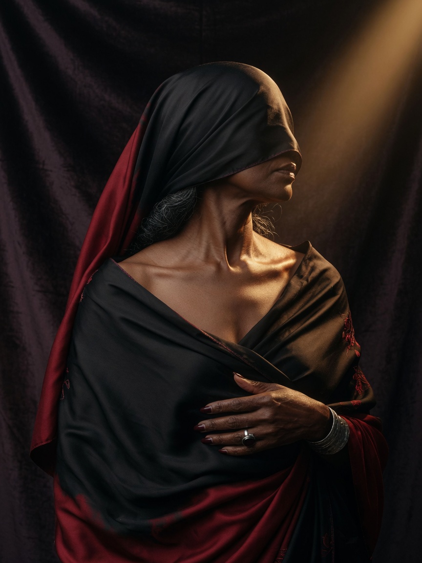 Liora, face veiled in silk, shadowy figure