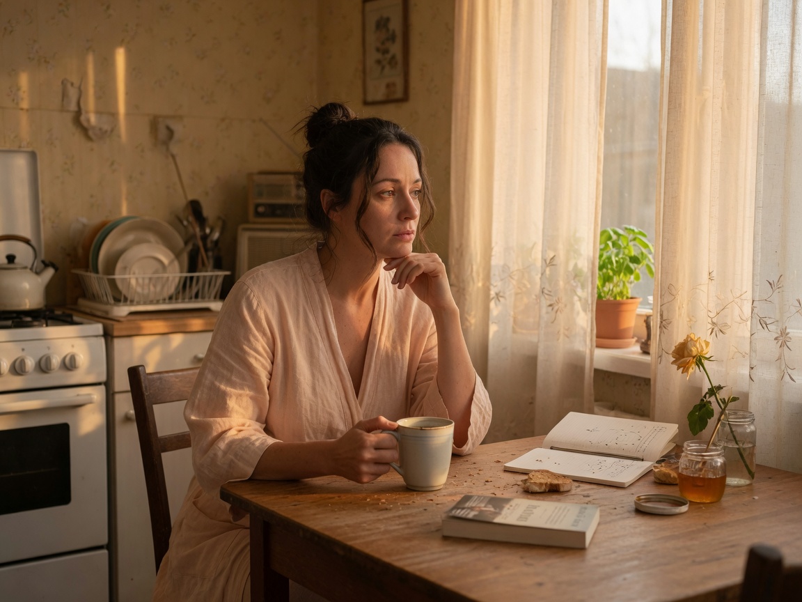 A woman in quiet reflection at golden hour