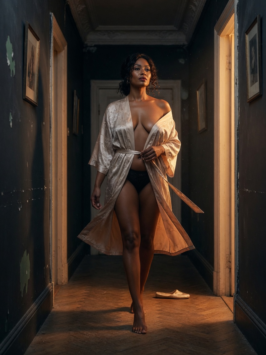 A woman walking toward light